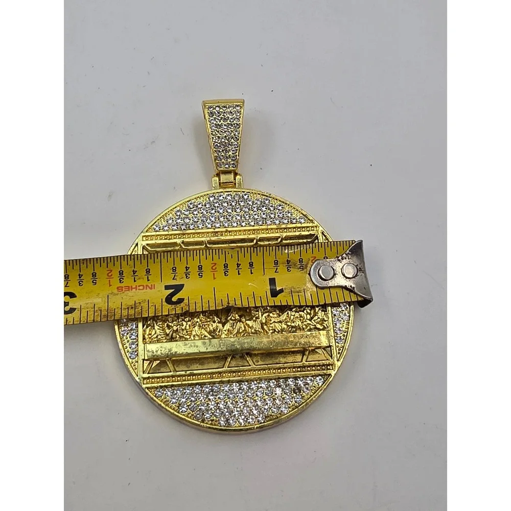 Gold Tone Last Supper Medallion Pendant Iced Out Rhinestone Hip Hop Religious